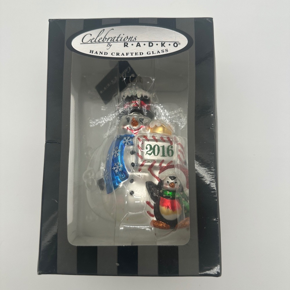 Christopher Radko Celebrations 2016 Snowman Penguin Glass Christmas Ornament Box